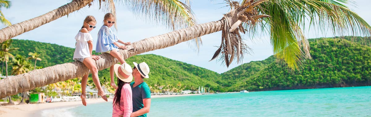 family in the Caribbean on a palm tree